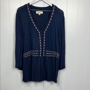 Nurture Womens Tunic/Top 2X Navy Red White Pullover Balloon Sleeve Embroidered
